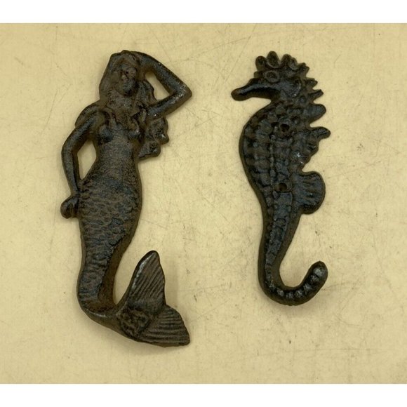 Beach Decor Coat Hat Wall Hooks Cast Iron Mermaid & Seahorse - Picture 8 of 9